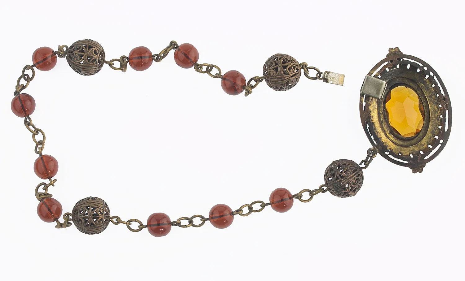 1920s Art Deco Madeira glass and brass filigree necklace Czechoslovakia. nlad965