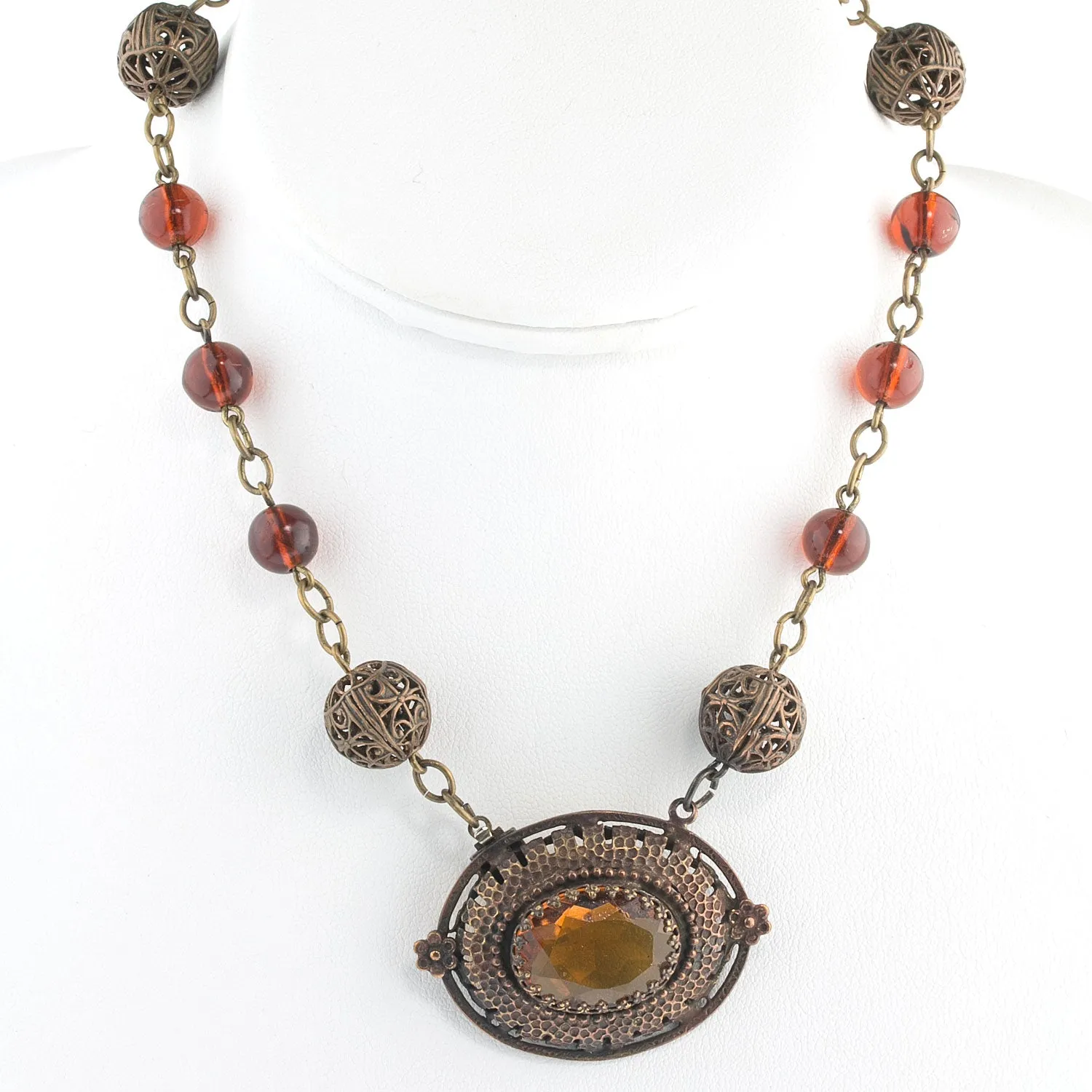 1920s Art Deco Madeira glass and brass filigree necklace Czechoslovakia. nlad965