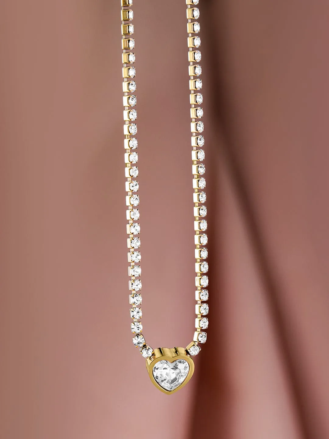 22K Gold Plated Sparkling AD & Cubic Zirconia Studded Heart Pendant Necklace
