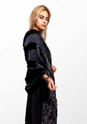 Black Floral Lace Scarf With Black Faux Fur Panels