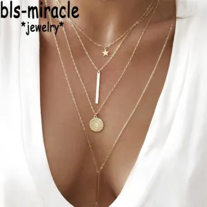 Bls-miracle Bohemian Long Pendant Necklaces Lady Vintage Gold Star Star Necklace Multilayer Necklace