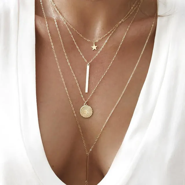 Bls-miracle Bohemian Long Pendant Necklaces Lady Vintage Gold Star Star Necklace Multilayer Necklace