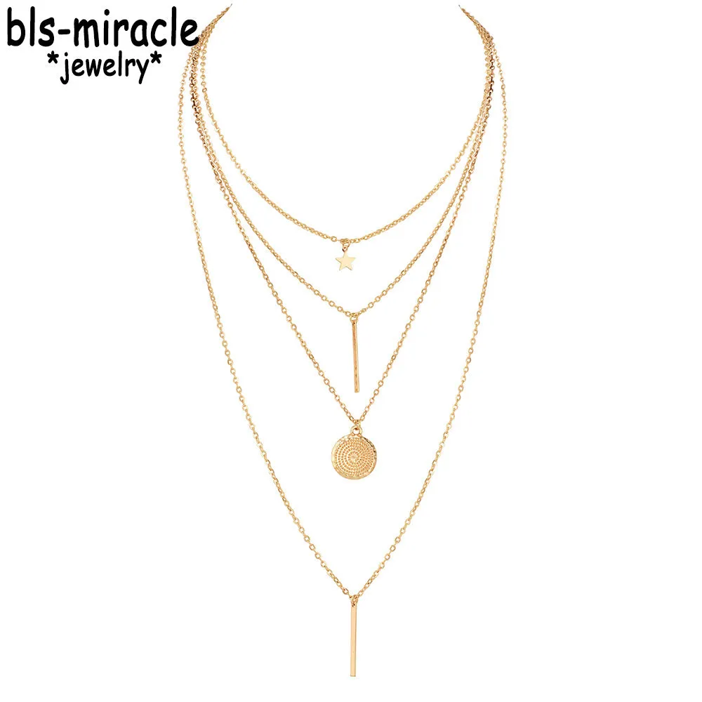 Bls-miracle Bohemian Long Pendant Necklaces Lady Vintage Gold Star Star Necklace Multilayer Necklace