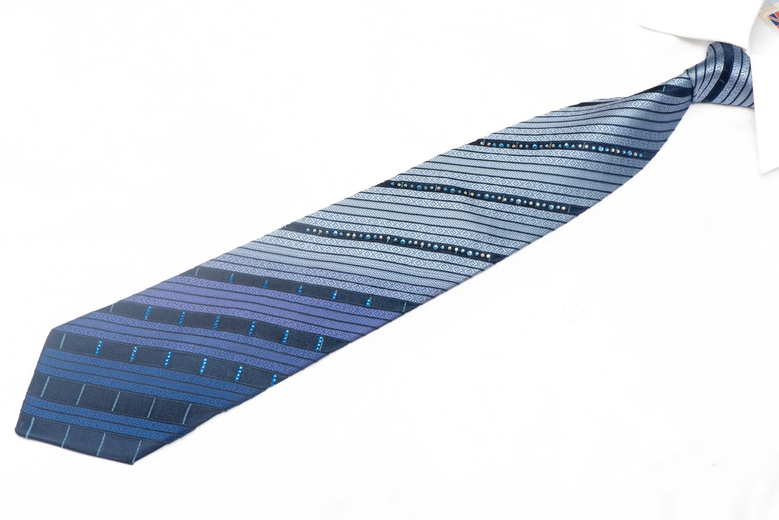 Blue Striped Rhinestone Silk Necktie With Silver Sparkles