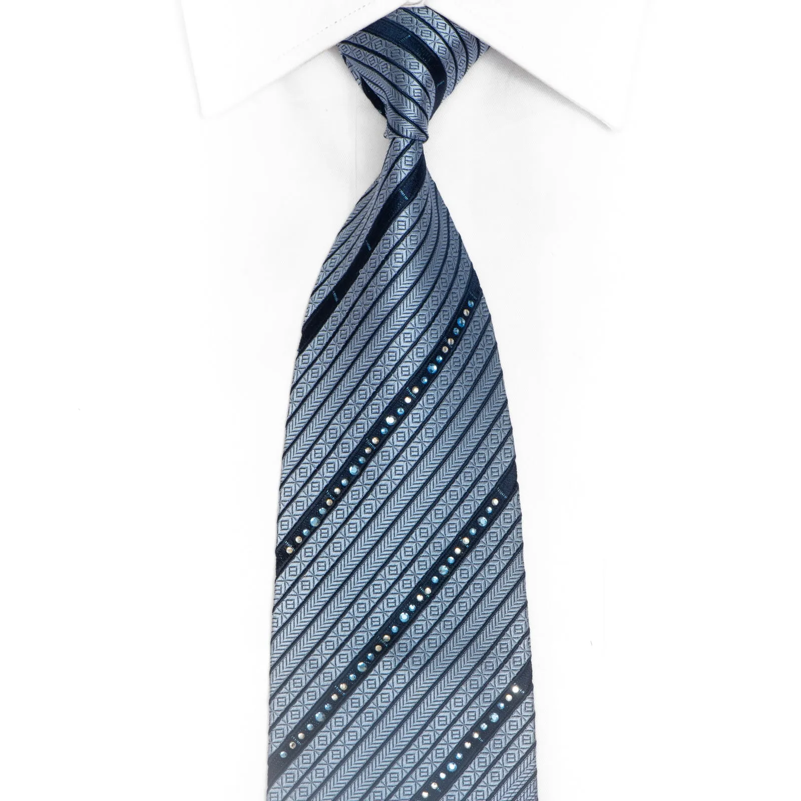 Blue Striped Rhinestone Silk Necktie With Silver Sparkles