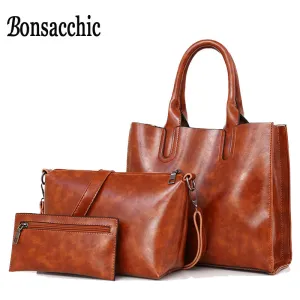 Bonsacchic 3pcs Leather Bags Handbags Women Famous Brand Shoulder Bag Female Casual Tote Women Messenger Bag Set Bolsas Feminina