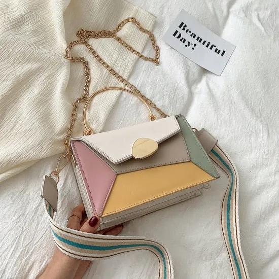 Christmas Gift Contrast Color PU Leather Crossbody Bags For Women 2020 Chain Handbags With Metal Handle Shoulder Simple Bag Small Totes