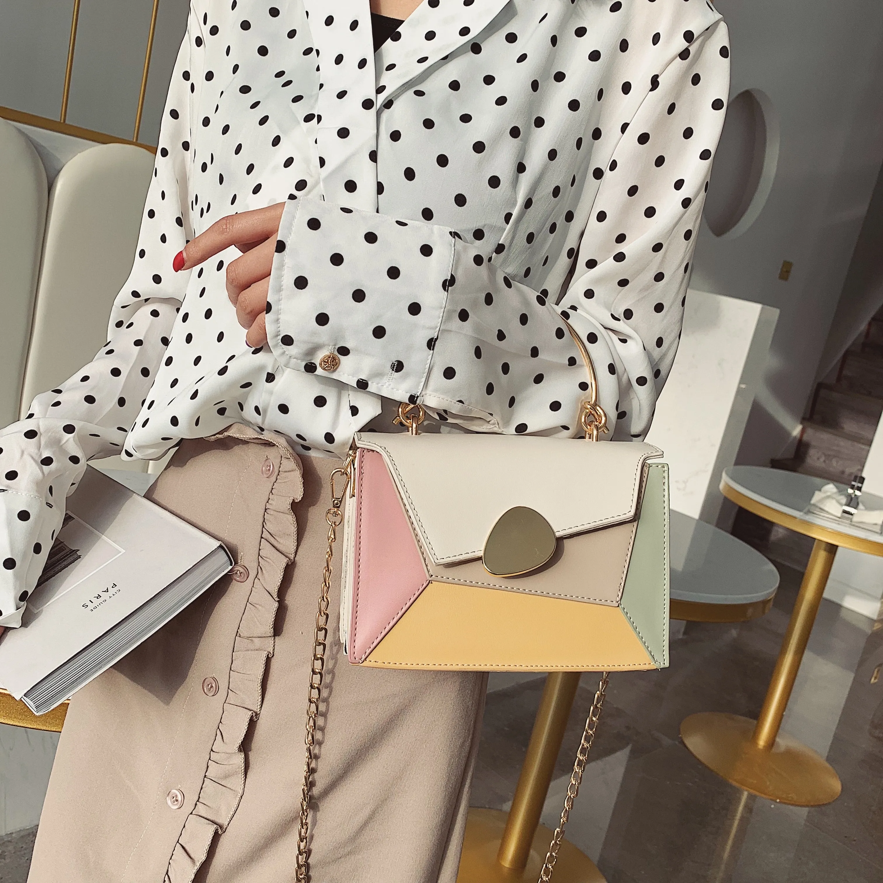 Christmas Gift Contrast Color PU Leather Crossbody Bags For Women 2020 Chain Handbags With Metal Handle Shoulder Simple Bag Small Totes