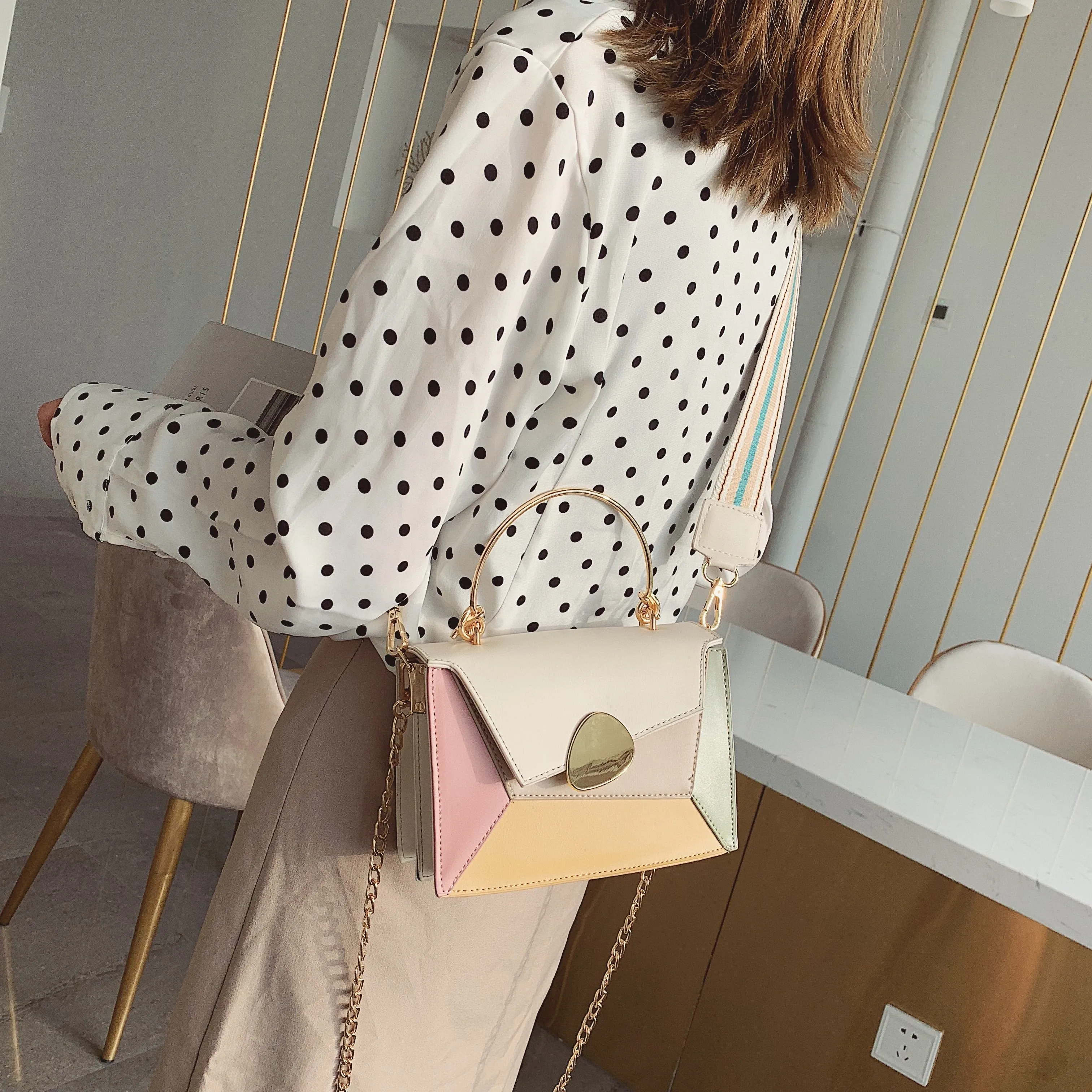 Christmas Gift Contrast Color PU Leather Crossbody Bags For Women 2020 Chain Handbags With Metal Handle Shoulder Simple Bag Small Totes