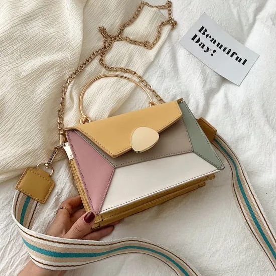 Christmas Gift Contrast Color PU Leather Crossbody Bags For Women 2020 Chain Handbags With Metal Handle Shoulder Simple Bag Small Totes