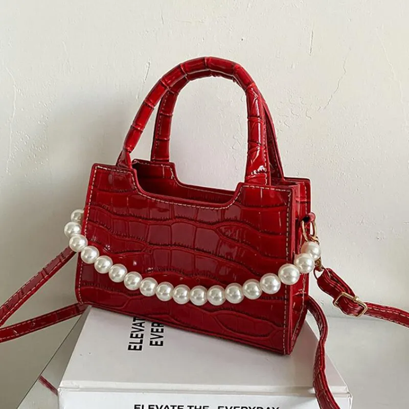 Christmas Gift Crocodile Pattern Small Square Women Shoulder Bag Fashion Pearl Chains Women's Handbags Alligator Crossbody Bags for Women Tote