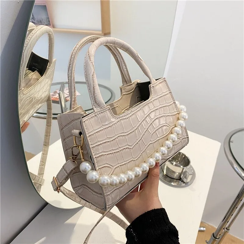 Christmas Gift Crocodile Pattern Small Square Women Shoulder Bag Fashion Pearl Chains Women's Handbags Alligator Crossbody Bags for Women Tote