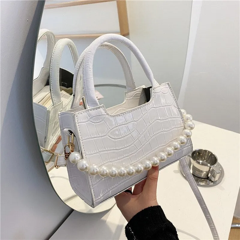 Christmas Gift Crocodile Pattern Small Square Women Shoulder Bag Fashion Pearl Chains Women's Handbags Alligator Crossbody Bags for Women Tote