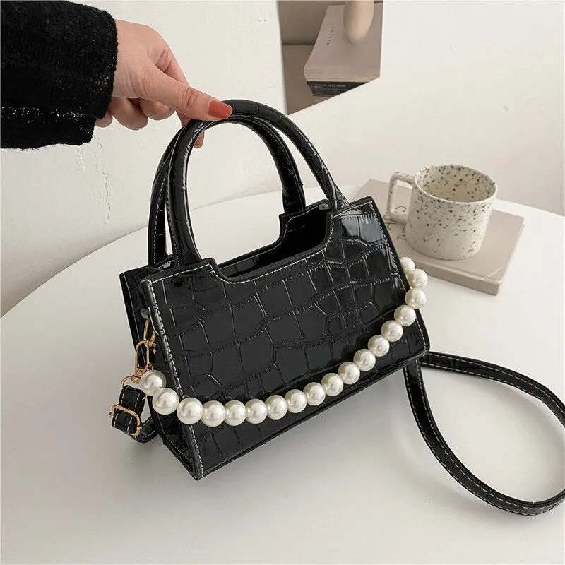 Christmas Gift Crocodile Pattern Small Square Women Shoulder Bag Fashion Pearl Chains Women's Handbags Alligator Crossbody Bags for Women Tote