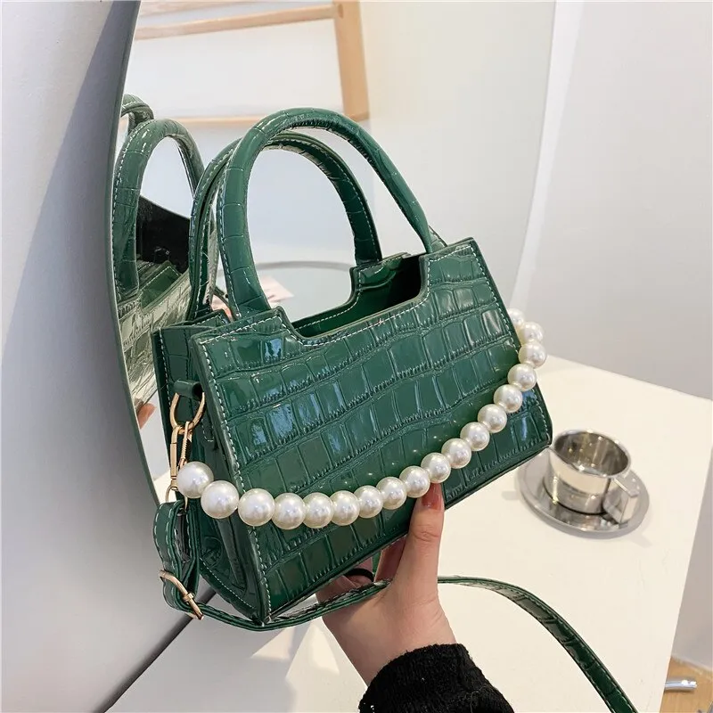 Christmas Gift Crocodile Pattern Small Square Women Shoulder Bag Fashion Pearl Chains Women's Handbags Alligator Crossbody Bags for Women Tote