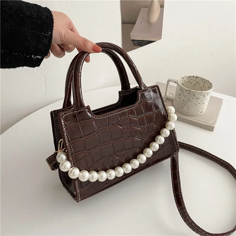 Christmas Gift Crocodile Pattern Small Square Women Shoulder Bag Fashion Pearl Chains Women's Handbags Alligator Crossbody Bags for Women Tote