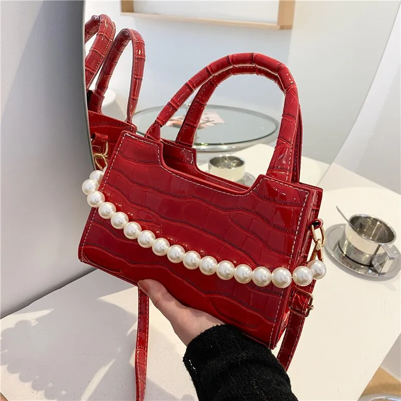 Christmas Gift Crocodile Pattern Small Square Women Shoulder Bag Fashion Pearl Chains Women's Handbags Alligator Crossbody Bags for Women Tote