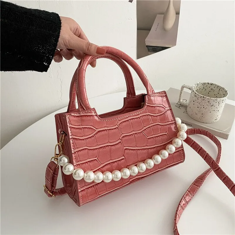 Christmas Gift Crocodile Pattern Small Square Women Shoulder Bag Fashion Pearl Chains Women's Handbags Alligator Crossbody Bags for Women Tote