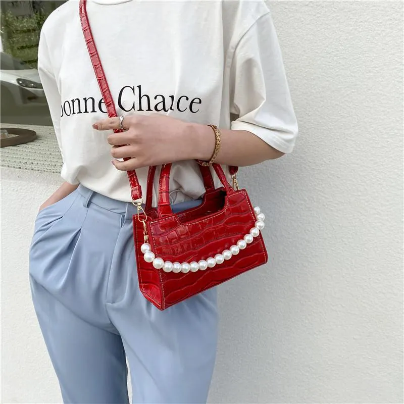 Christmas Gift Crocodile Pattern Small Square Women Shoulder Bag Fashion Pearl Chains Women's Handbags Alligator Crossbody Bags for Women Tote