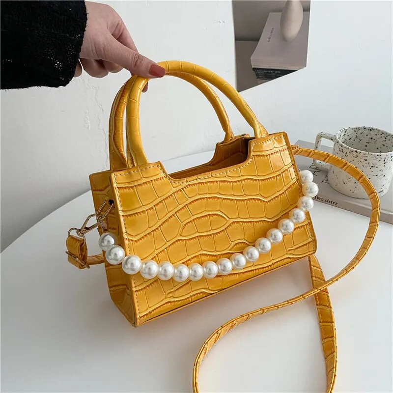 Christmas Gift Crocodile Pattern Small Square Women Shoulder Bag Fashion Pearl Chains Women's Handbags Alligator Crossbody Bags for Women Tote