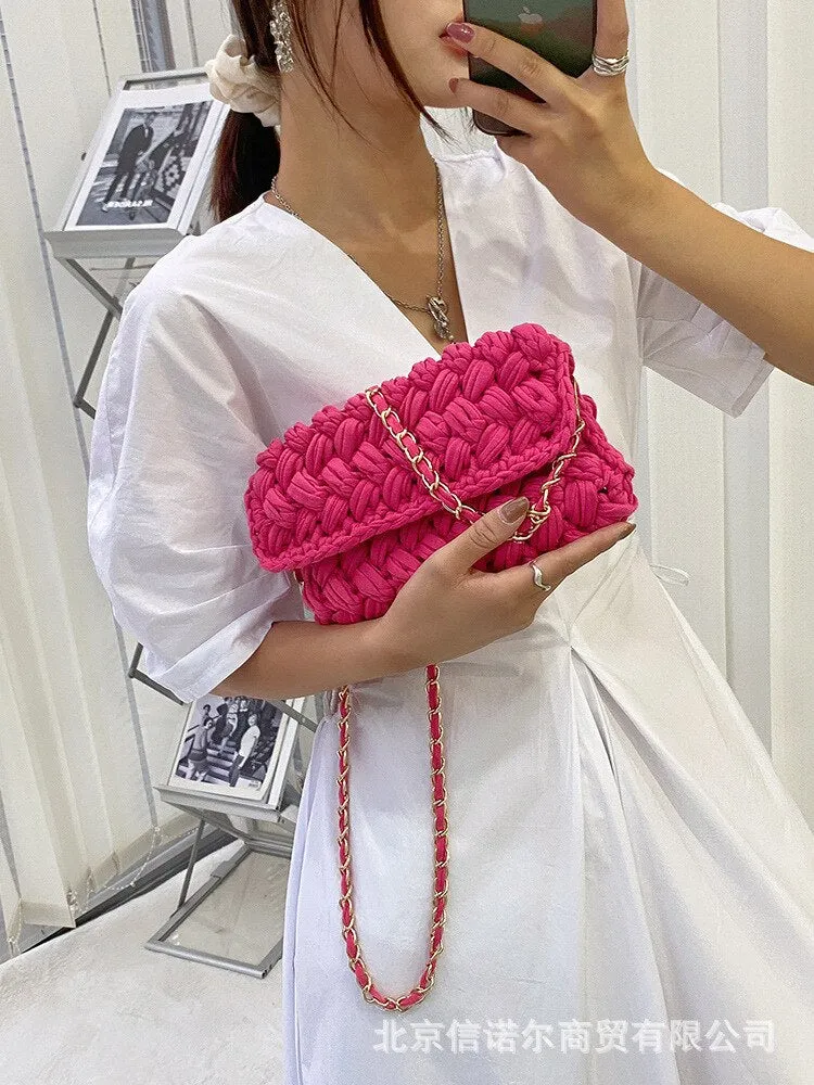 Christmas Gift Fashion Rope Woven Shoulder Crossbody Bags for Women Chains Knitting Handbag String Square Bag Small Braided Flap Phone Purses