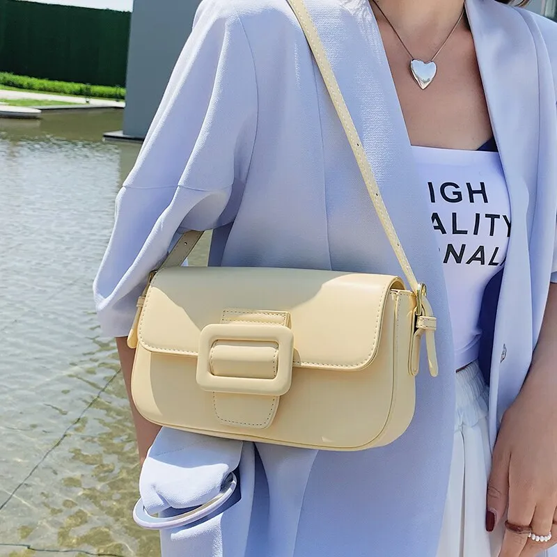 Contrast Color Baguette Leather Fashion Underarm Shoulder Crossbody Bags Women 2021 Summer Leather Designer Handbag Sac A Main