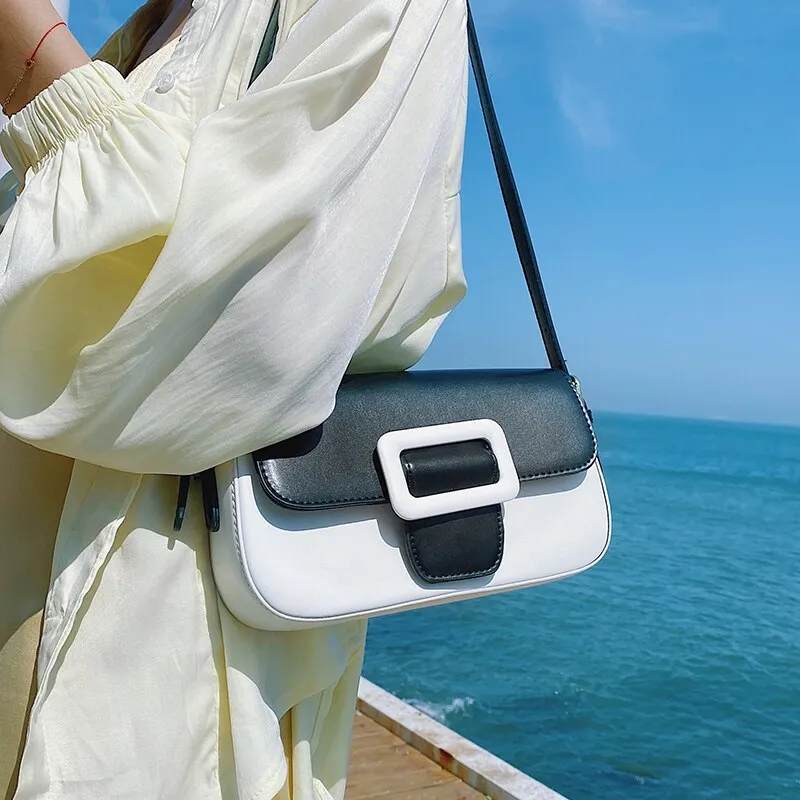 Contrast Color Baguette Leather Fashion Underarm Shoulder Crossbody Bags Women 2021 Summer Leather Designer Handbag Sac A Main