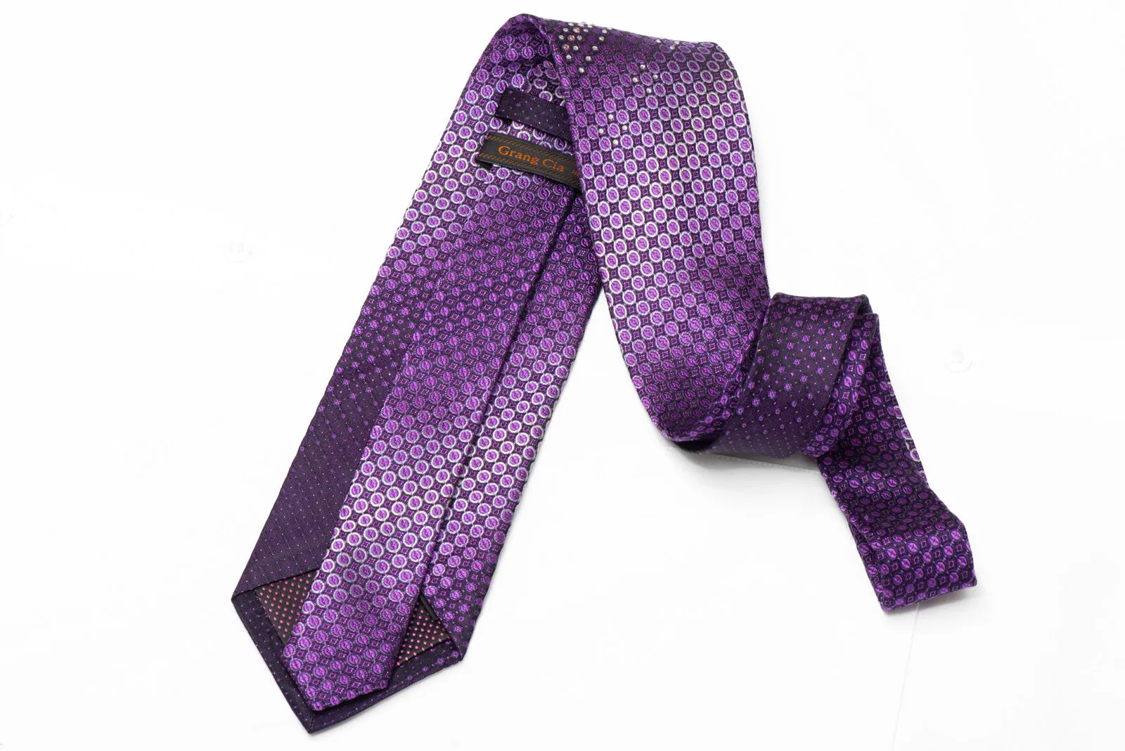 Geometric Design On Purple Rhinestone Silk Necktie With Purple Sparkles
