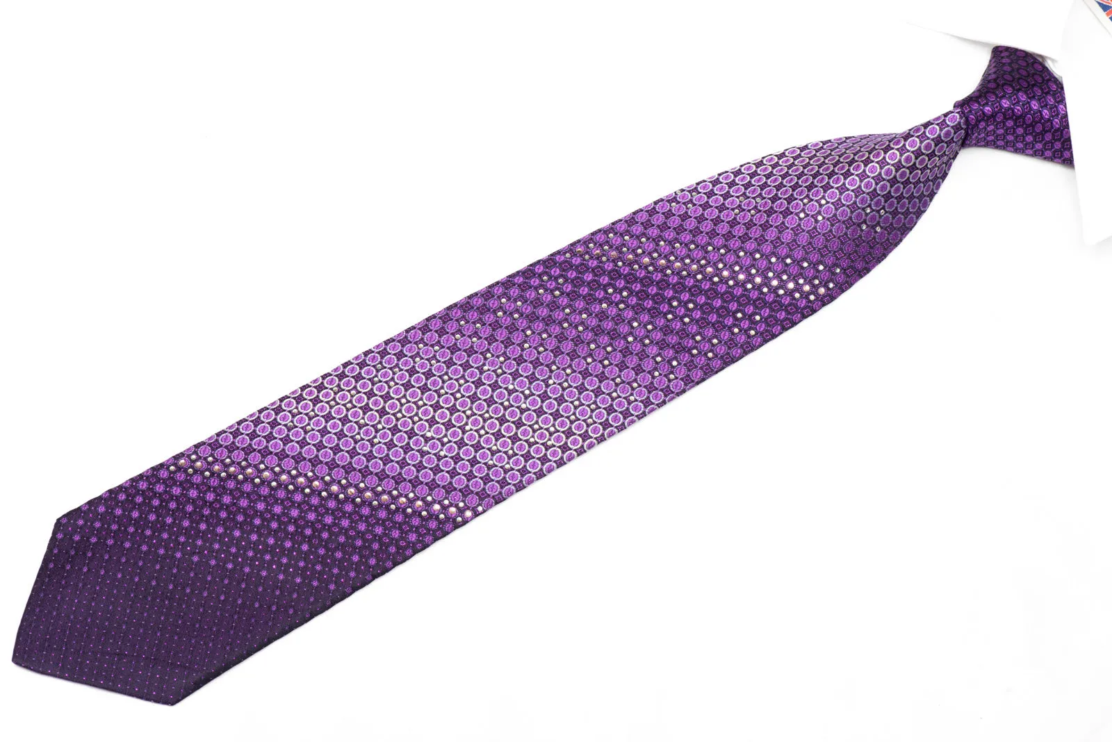 Geometric Design On Purple Rhinestone Silk Necktie With Purple Sparkles