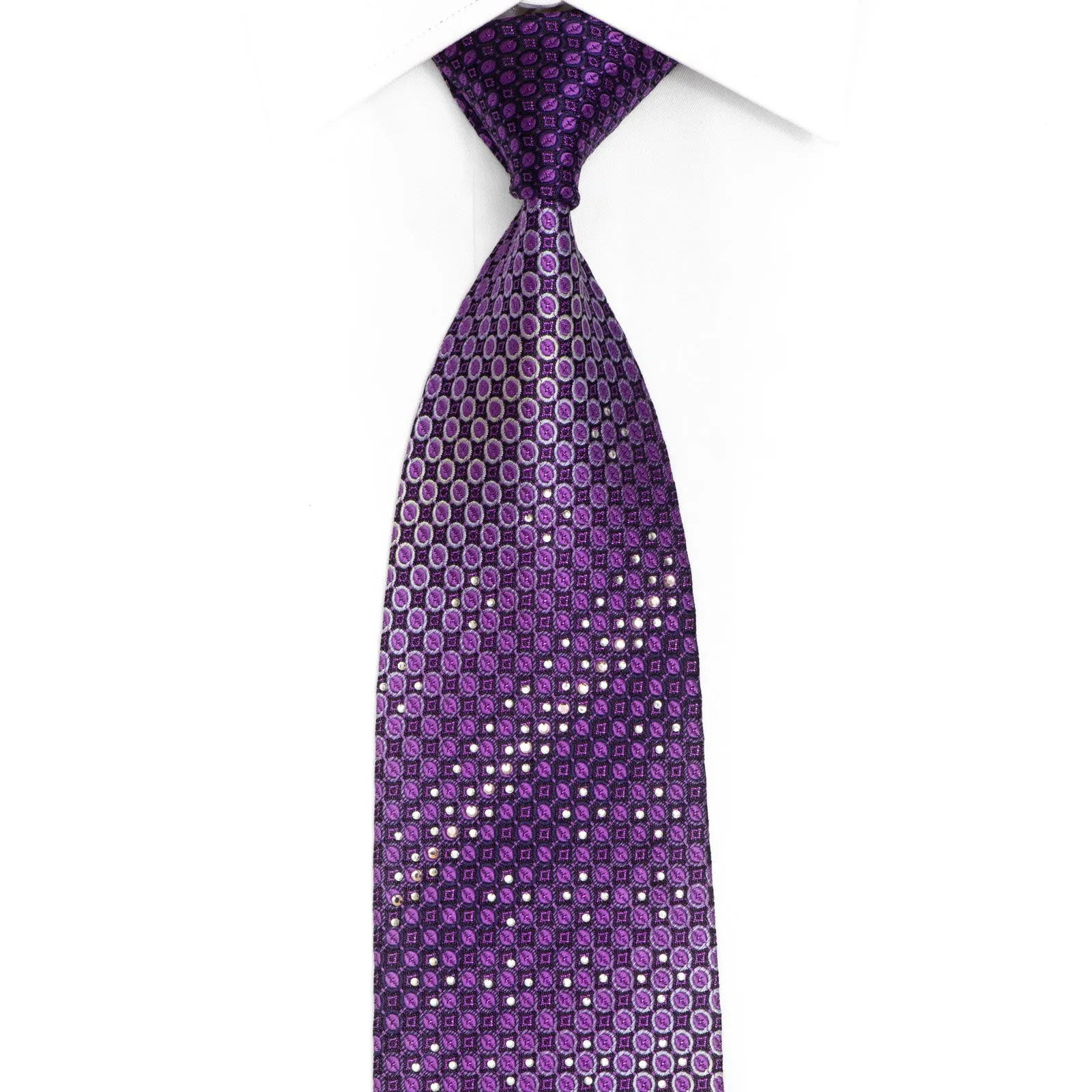 Geometric Design On Purple Rhinestone Silk Necktie With Purple Sparkles
