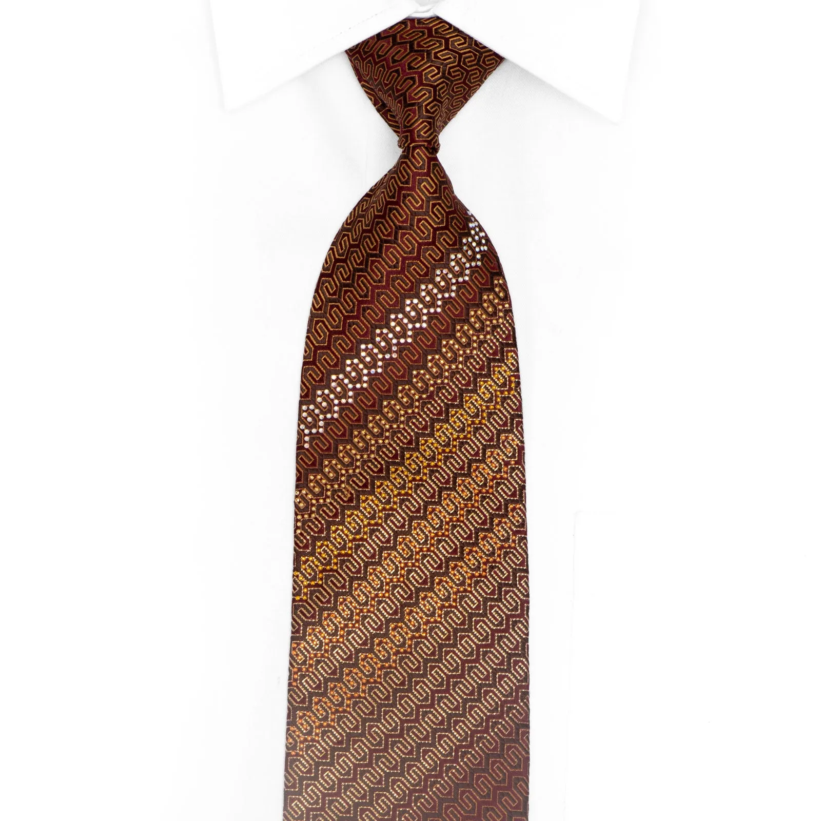 Geometric On Brown Rhinestone Silk Necktie With Gold Sparkles