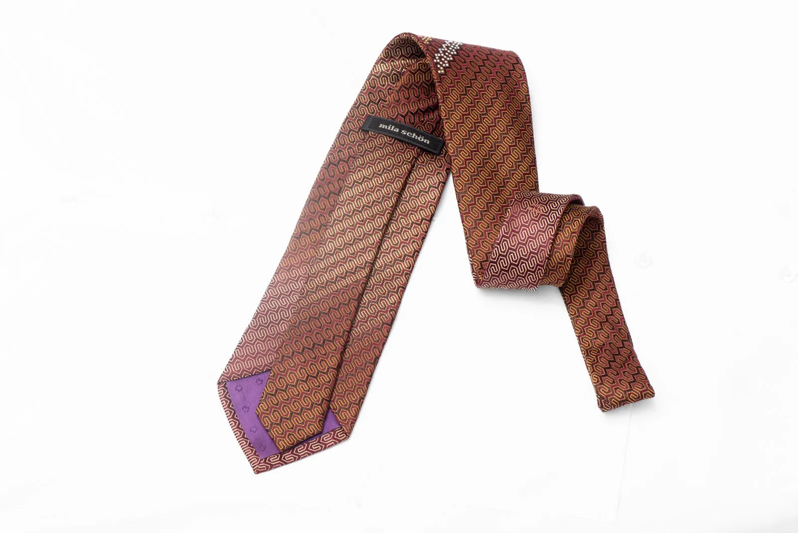 Geometric On Brown Rhinestone Silk Necktie With Gold Sparkles