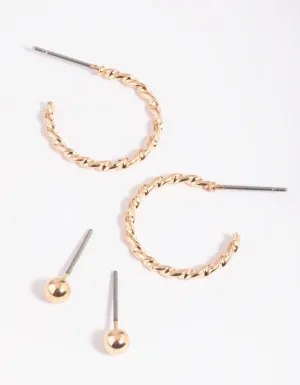 Gold Ball & Twist Stud Earring Pack
