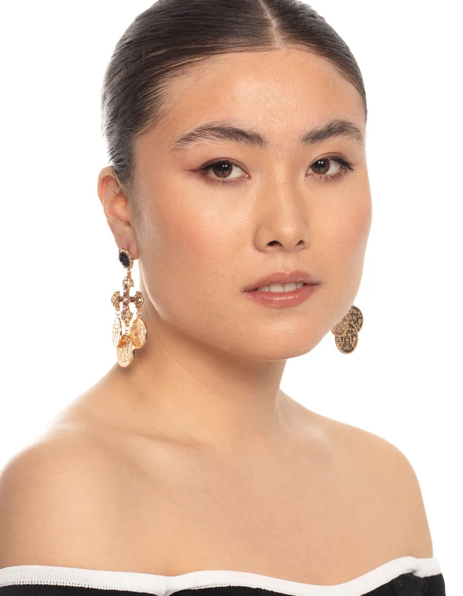 Gold Cross Coin Drop Earrings