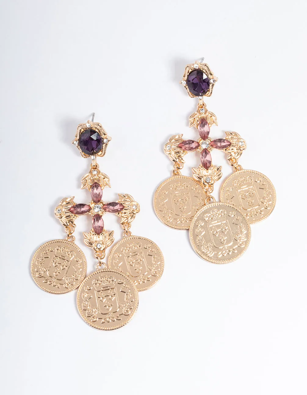 Gold Cross Coin Drop Earrings