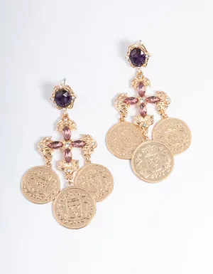 Gold Cross Coin Drop Earrings