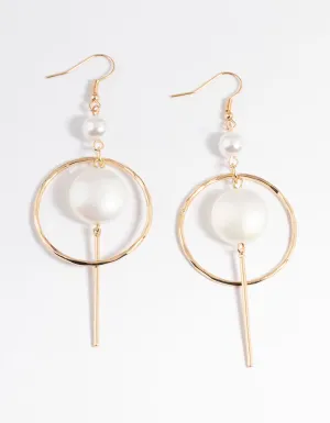 Gold Pearl Open Circle & Stick Drop Earrings