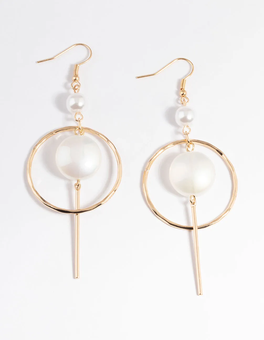 Gold Pearl Open Circle & Stick Drop Earrings