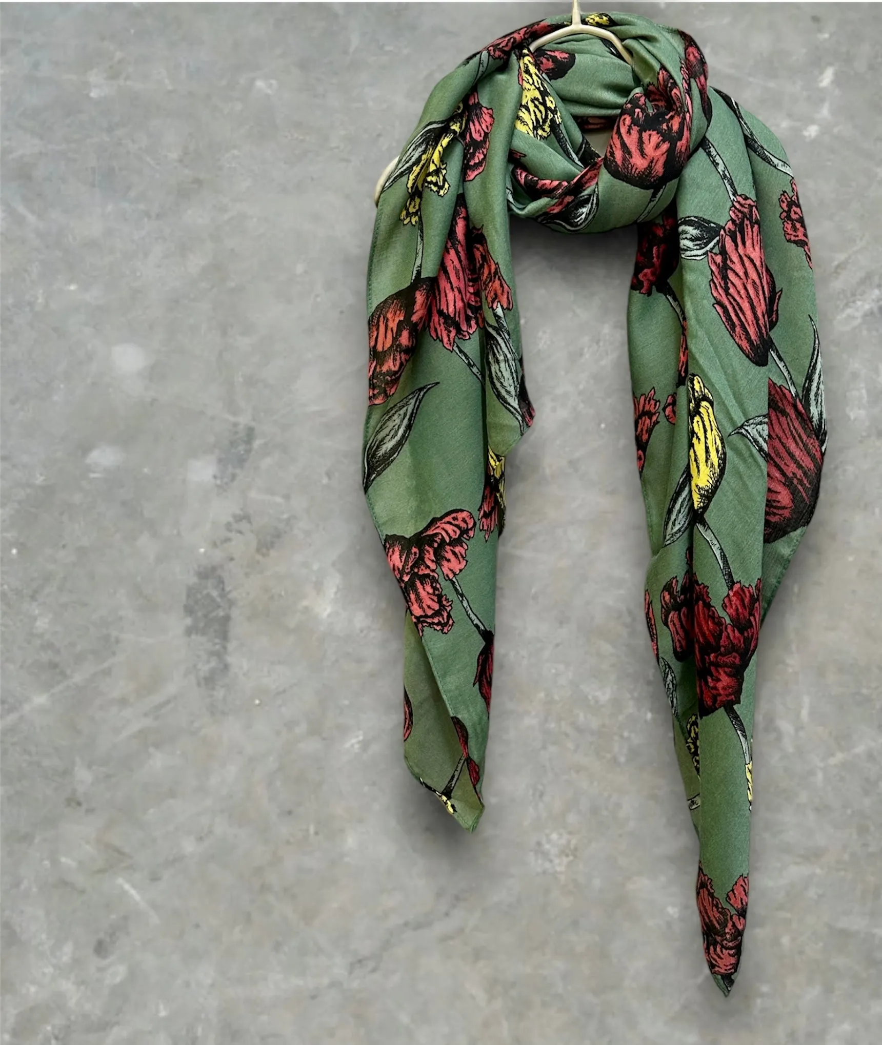 Green Cotton Scarf with Eco-Friendly Sketched Parrot Tulips Flower Design – A Sustainable Gift for Mom and Her, Ideal for Birthday and Christmas Celebrations