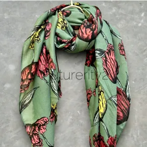 Green Cotton Scarf with Eco-Friendly Sketched Parrot Tulips Flower Design – A Sustainable Gift for Mom and Her, Ideal for Birthday and Christmas Celebrations