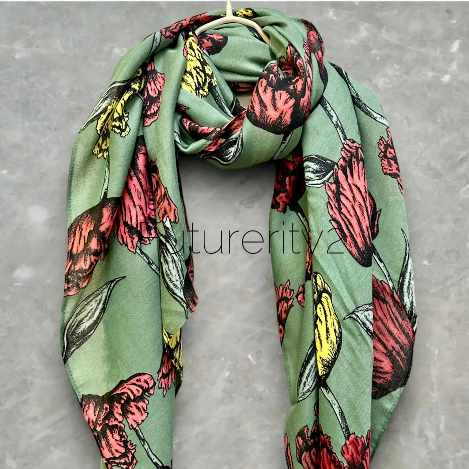 Green Cotton Scarf with Eco-Friendly Sketched Parrot Tulips Flower Design – A Sustainable Gift for Mom and Her, Ideal for Birthday and Christmas Celebrations