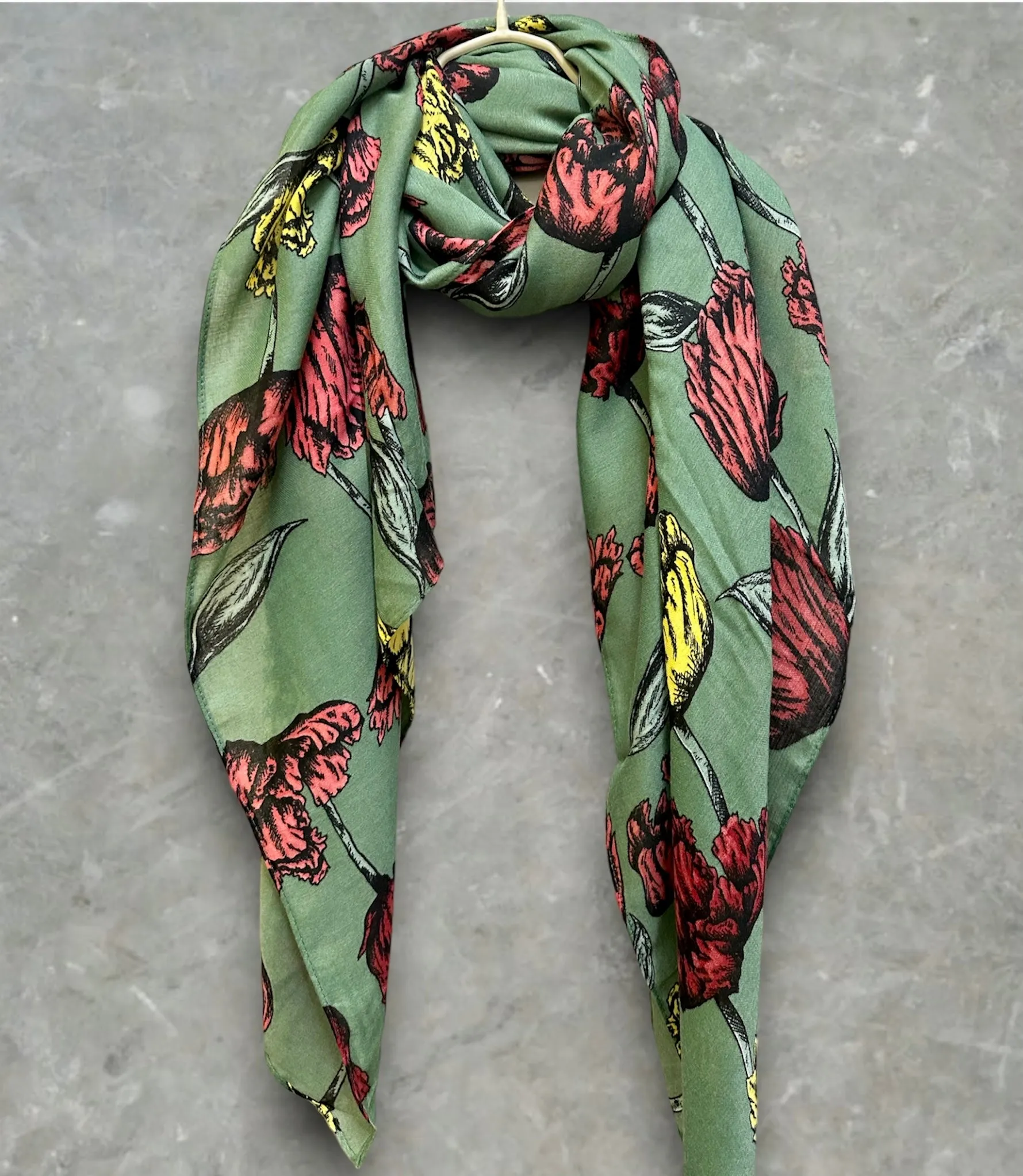 Green Cotton Scarf with Eco-Friendly Sketched Parrot Tulips Flower Design – A Sustainable Gift for Mom and Her, Ideal for Birthday and Christmas Celebrations