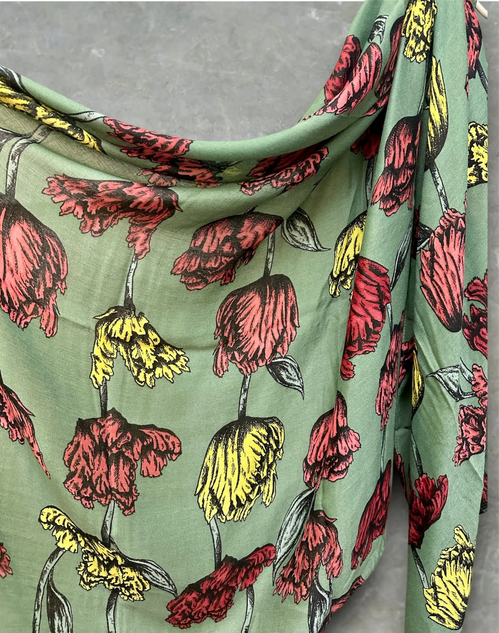 Green Cotton Scarf with Eco-Friendly Sketched Parrot Tulips Flower Design – A Sustainable Gift for Mom and Her, Ideal for Birthday and Christmas Celebrations