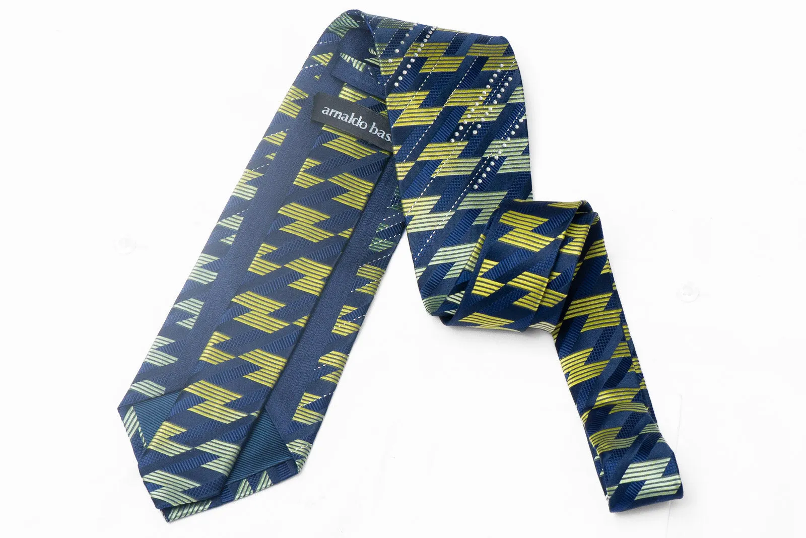 Green Geometric On Navy Blue Rhinestone Silk Tie With Silver Sparkles