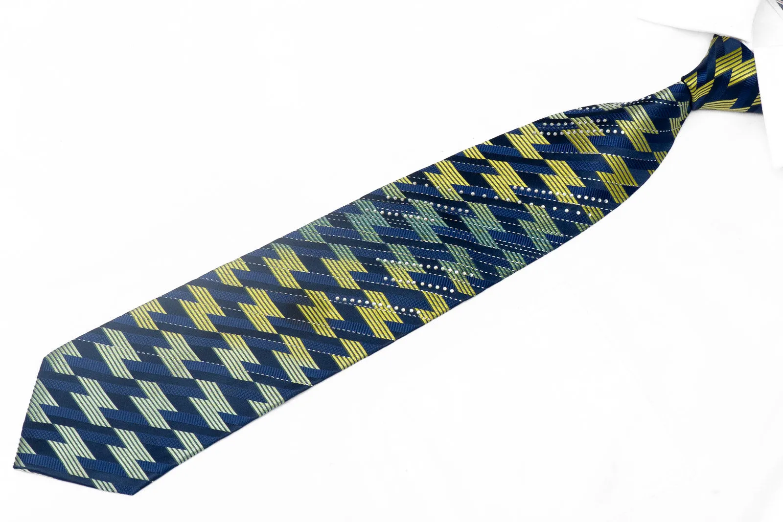 Green Geometric On Navy Blue Rhinestone Silk Tie With Silver Sparkles