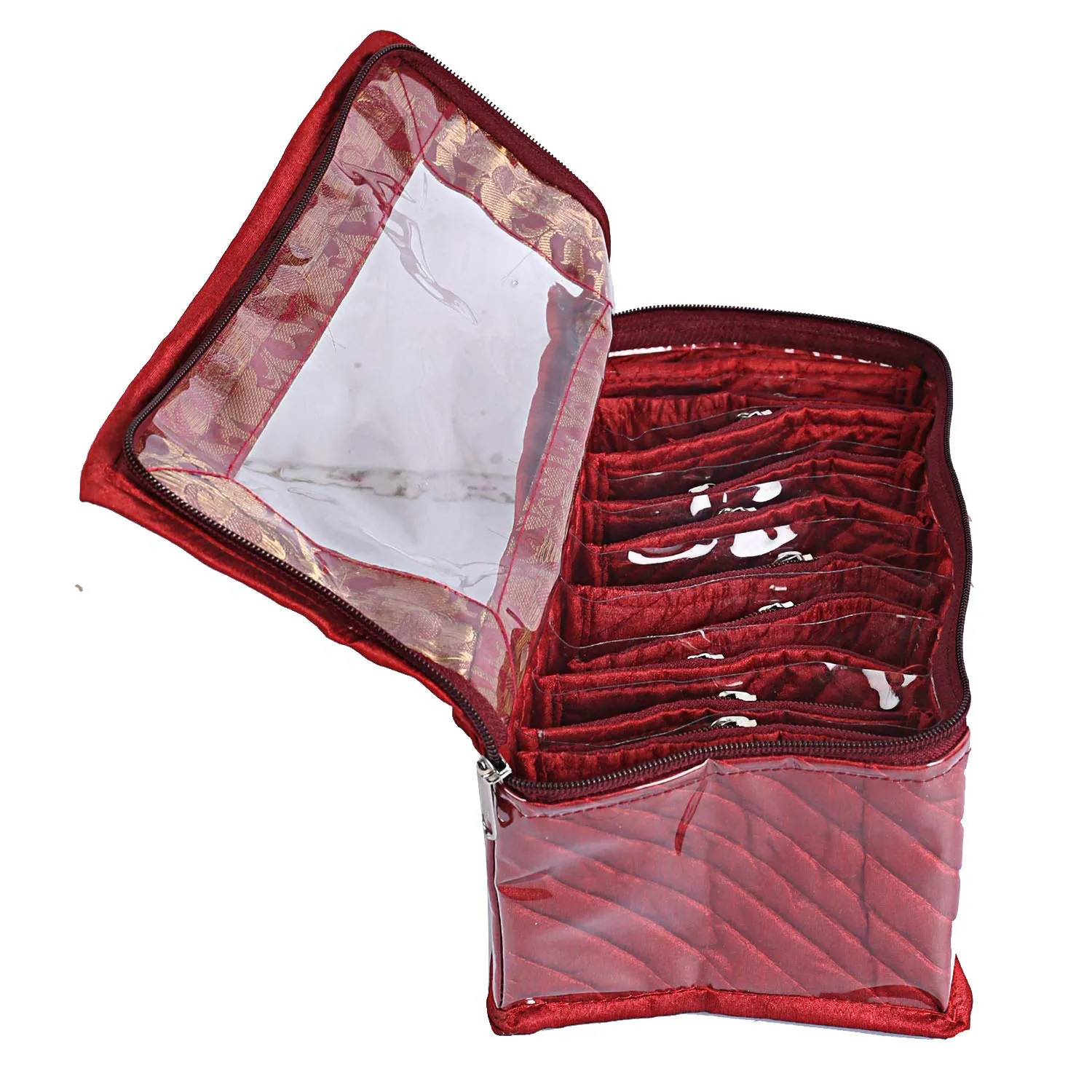 Kuber Industries Laminated Satin 10 Pouch Jewellery Box (Pink and Maroon) - 2 Piece