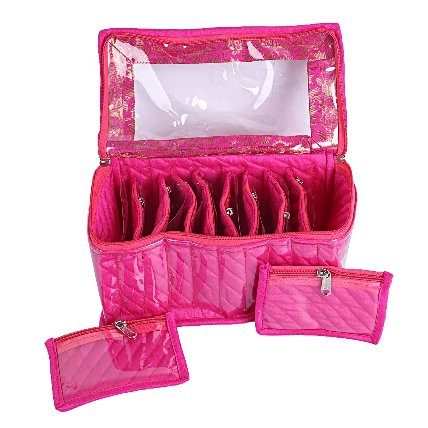 Kuber Industries Laminated Satin 10 Pouch Jewellery Box (Pink and Maroon) - 2 Piece