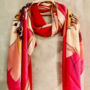 Large Sketched Peony Flower Organic Cotton Scarf in Bright Pink,Eco-Friendly Accessory for all Season,Perfect Gift for Mother's Birthday.