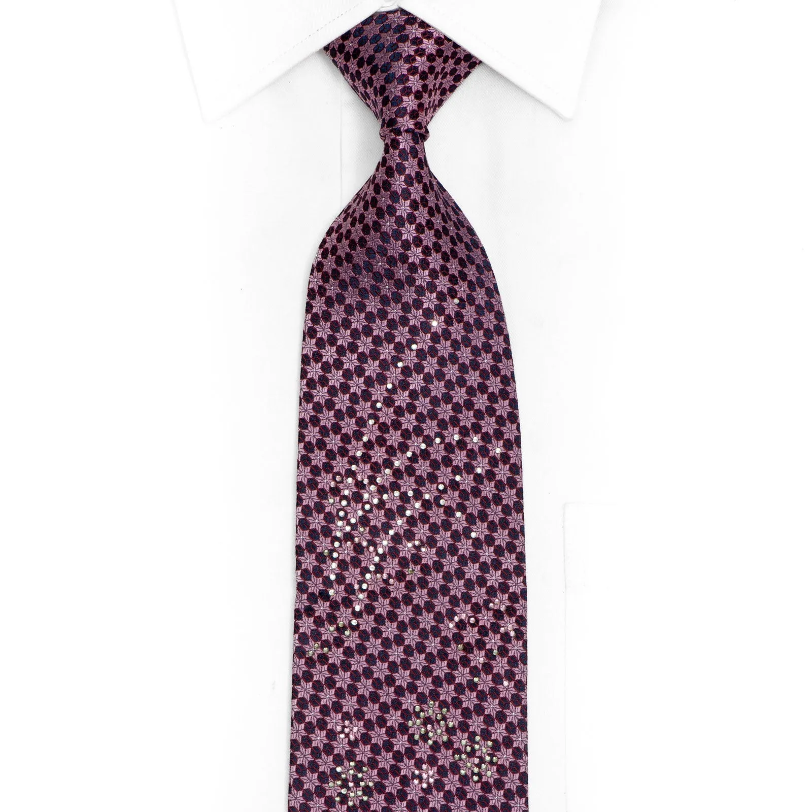 Mauve Geometric On Navy Rhinestone Silk Tie With Silver Sparkles