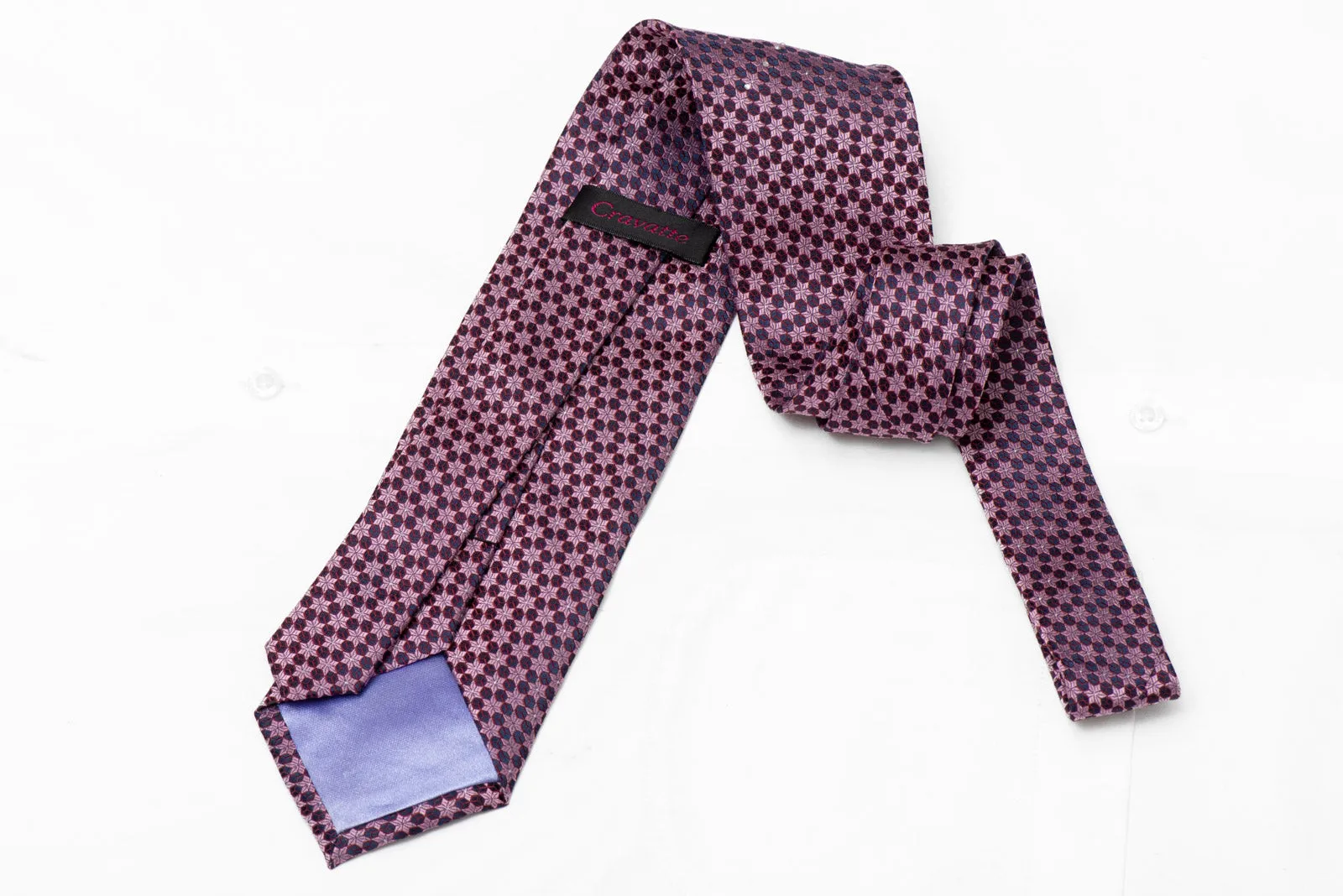 Mauve Geometric On Navy Rhinestone Silk Tie With Silver Sparkles